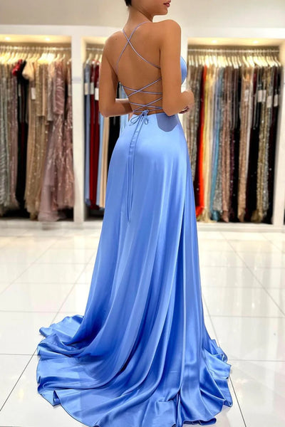 V Neck Satin Long Prom Dress, Simple A Line  Evening Dress