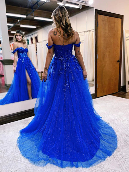 Sequin Off Shoulder Royal Blue A Line Tulle Long Prom Dresses, Blue Formal Evening Dresses