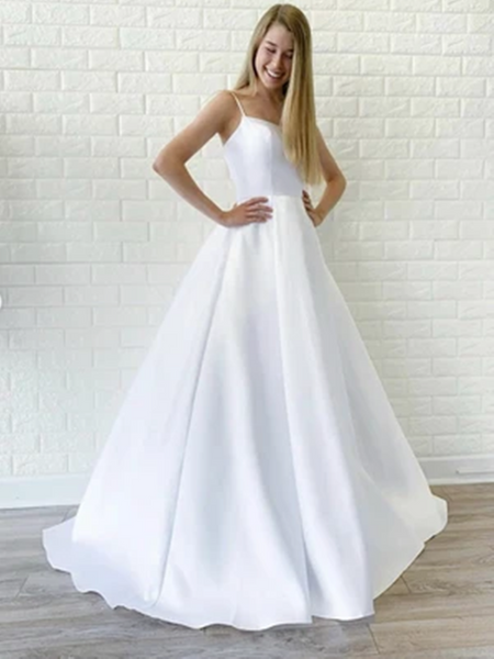 Simple White Satin Long Prom Dresses, White Wedding Dresses,  White Formal Graduation Evening Dresses