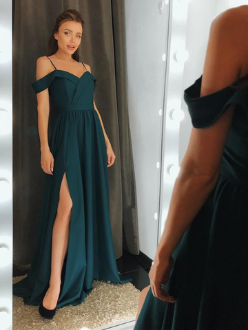 Dark Green Off the Shoulder Prom Dresses With Leg Slit, Off Shoulder Dark Green Long Formal Evening Bridesmaid Dresses