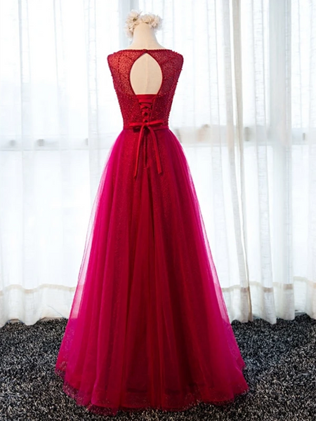 Custom Made Round Neck Tulle Burgundy / Maroon Long Prom Dresses With Beaded, Wine Red Beaded Formal Evening Bridesmaid Dresses