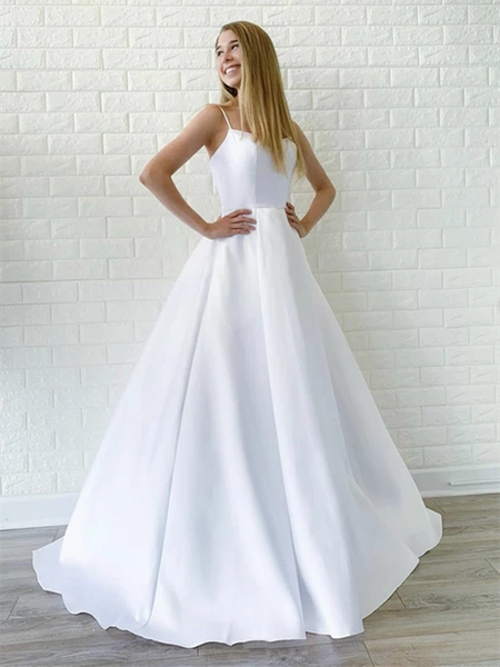 Simple White Satin Long Prom Dresses, White Wedding Dresses,  White Formal Graduation Evening Dresses