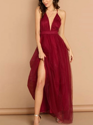 Simple V Neck Burgundy Backless Tulle Long Prom Dresses, Open Back V Neck Burgundy Tulle Long Formal Evening Dresses