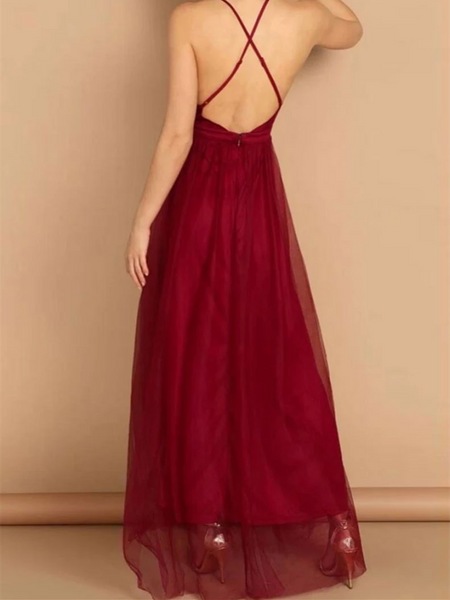 Simple V Neck Burgundy Backless Tulle Long Prom Dresses, Open Back V Neck Burgundy Tulle Long Formal Evening Dresses