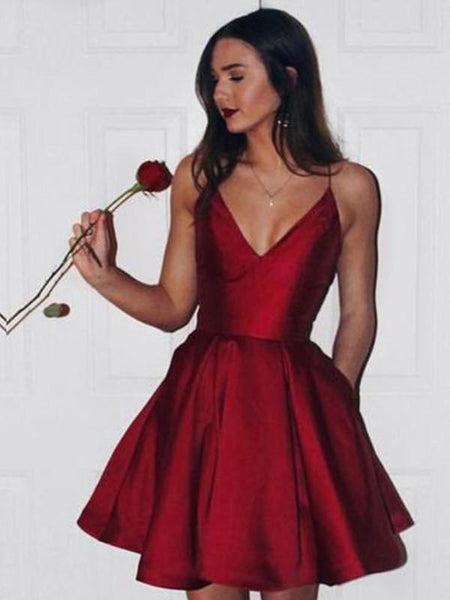 Sexy A Line V Neck Short Burgundy Prom Dress with Spaghetti Straps, Short V Neck Burgundy Homecoming Dress