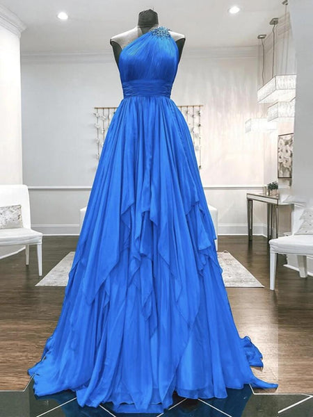 One Shoulder Beaded Blue Backless Long Prom Dresses, Open Back Blue Long Formal Evening Dresses