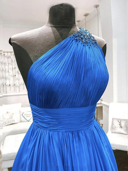 One Shoulder Beaded Blue Backless Long Prom Dresses, Open Back Blue Long Formal Evening Dresses