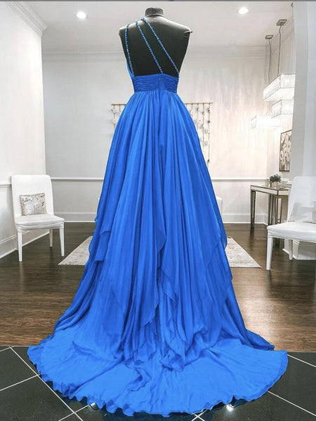 One Shoulder Beaded Blue Backless Long Prom Dresses, Open Back Blue Long Formal Evening Dresses