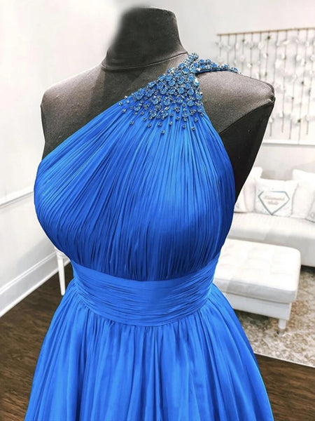 One Shoulder Beaded Blue Backless Long Prom Dresses, Open Back Blue Long Formal Evening Dresses