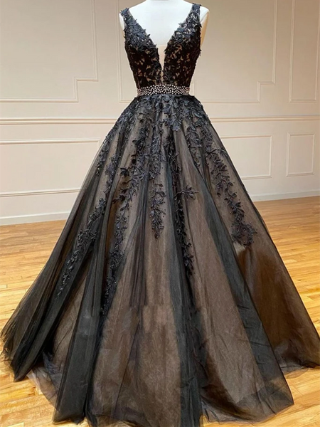 V Neck Black Lace Beads Tulle Long Prom Dresses, V Neck Black Lace Beads Tulle Long Formal Evening Dresses