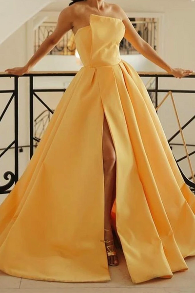 Strapless Yellow Satin Long Prom Dresses With Leg Slit , Yellow Satin Long Formal Evening Dresses