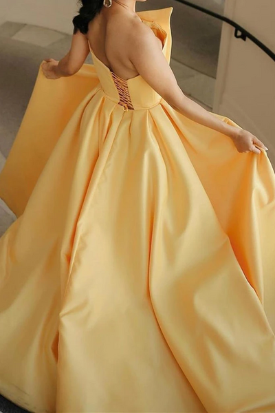 Strapless Yellow Satin Long Prom Dresses With Leg Slit , Yellow Satin Long Formal Evening Dresses