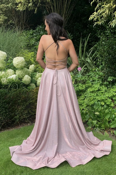 A Line Pink Satin Backless Long Prom Dresses, Pink Satin Long Formal Evening Dresses