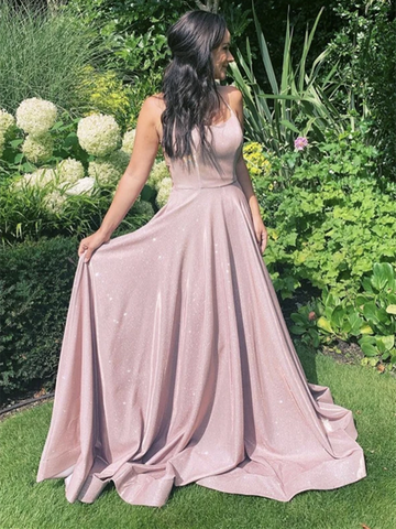 A Line Pink Satin Backless Long Prom Dresses, Pink Satin Long Formal Evening Dresses