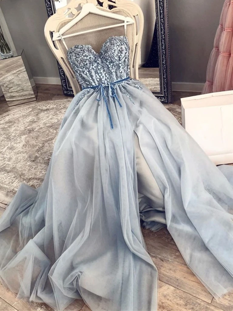 Sweetheart Neck Blue Beaded Long Prom Dresses, Beaded Blue  Long Formal Evening Dresses