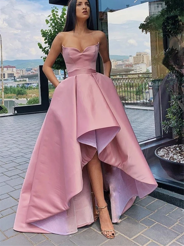 Pink Satin High Low Prom Dresses, Pink Satin High Low Formal Evening Dresses