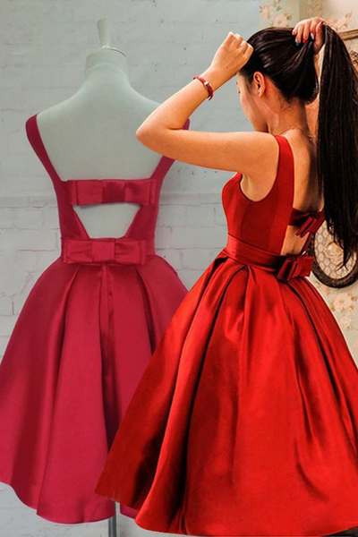 Cute Open Back Knee Length Red Satin Short Prom Dresses, Knee Length Red Homecoming Dresses, Short Backless Red Formal Evening Dresses