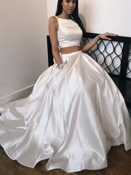 A Line 2 Pieces White Satin Long Prom Dresses, A Line Two Pieces White Satin Long Formal Evening Dresses