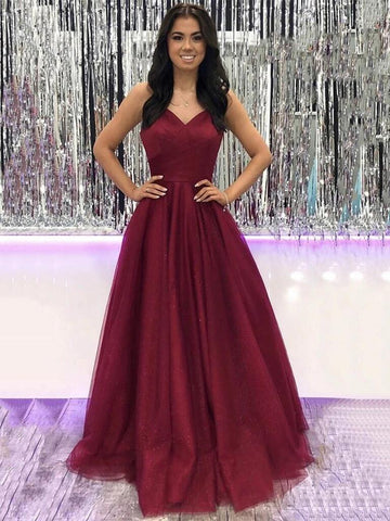 V Neck Burgundy Tulle Long Prom Dresses, Long Wine Red Tulle Formal Evening Dresses