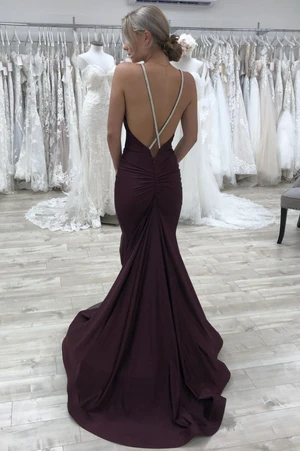 V Neck Mermaid Backless Long Prom Dresses, V Neck Mermaid Backless Long Formal Evening Dresses