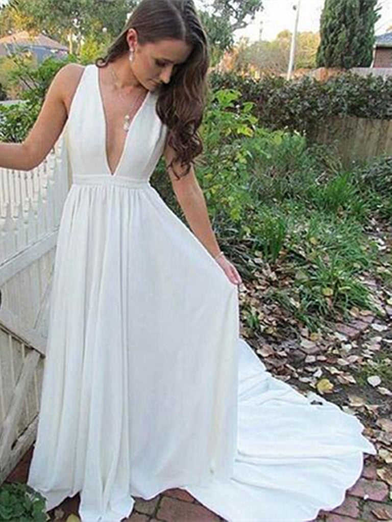 V Neck White Chiffon Long Prom Dressses, V Neck White Chiffon Long Formal Evening Dresses