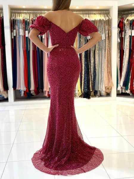 Custom Made Off Shoulder Mermaid Burgundy V Back Prom Dresses, Burgundy Mermaid Bridesmaid Dresses, Formal Dresses