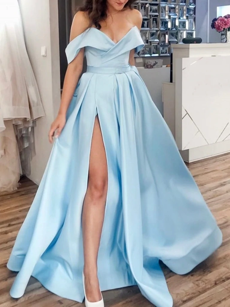 Off the Shoulder Light Blue Satin Prom Dresses, Off the Shoulder Light Blue Formal Evening Dresses