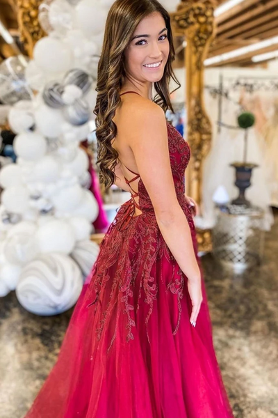 A Line V Neck Burgundy Lace Backless  Prom Dresses With Leg Slit,  Burgundy Tulle Lace Formal Graduation Evening Dresses