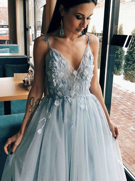 V Neck Gray Floral Long Prom Dresses, Grey V Neck Long Flower Formal Evening Dresses