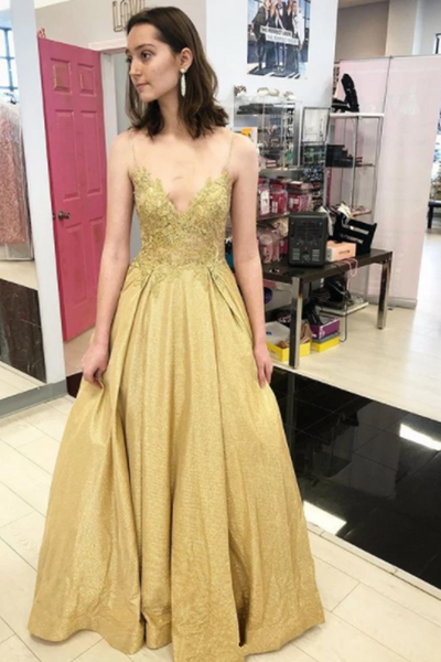 A Line V Neck Golden Lace Long Prom Dresses,  Golden Backless  Lace Formal Evening Dresses