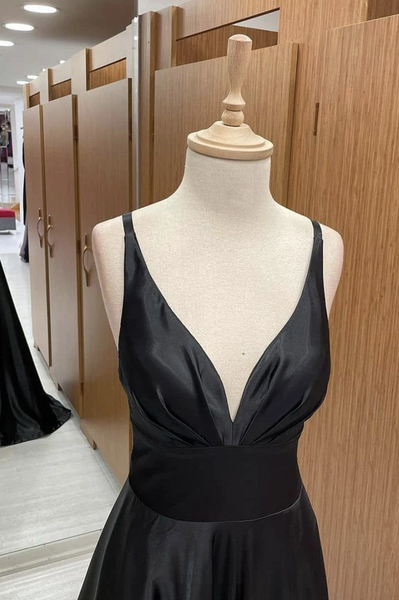 A Line V Neck Black Backless Satin Long Prom Dresses, A Line V Neck Black Backless Satin Long Formal Evening Dresses