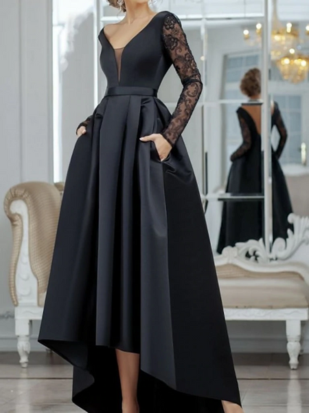 V Neck Long Sleeves Black Lace Long Prom Dresses, High Low Black Formal Dresses, Black Lace Evening Dresses