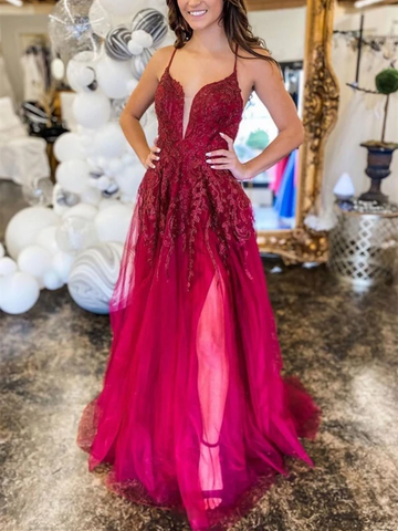 A Line V Neck Burgundy Lace Backless  Prom Dresses With Leg Slit,  Burgundy Tulle Lace Formal Graduation Evening Dresses