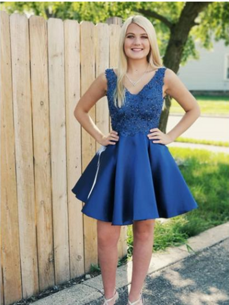 Royal Blue Lace Applique Backless Short Homecoming Dresses, Royal Blue Lace Short Prom Dresses