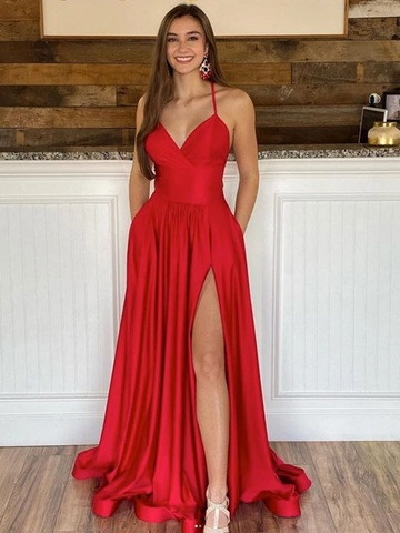 Simple V Neck Backless Red Satin Long Prom Dresses with High Slit, V Neck Red Formal Dresses, Red Evening Dresses