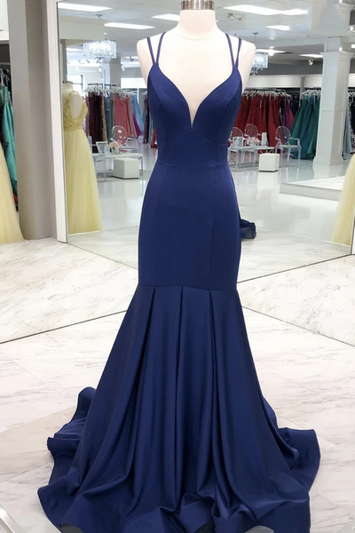 V Neck Navy Blue Mermaid Satin Long Prom Dresses, Mermaid Blue Satin Long Formal Evening Dresses