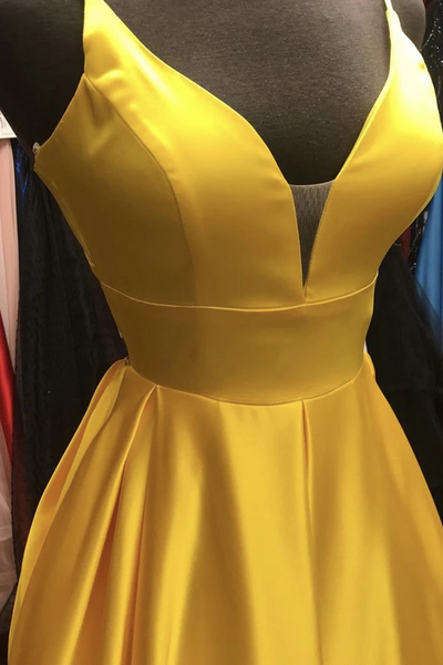 A Line V Neck Yellow Satin Long Prom Dresses, A Line V Neck Yellow Satin Long Formal Evening Dresses