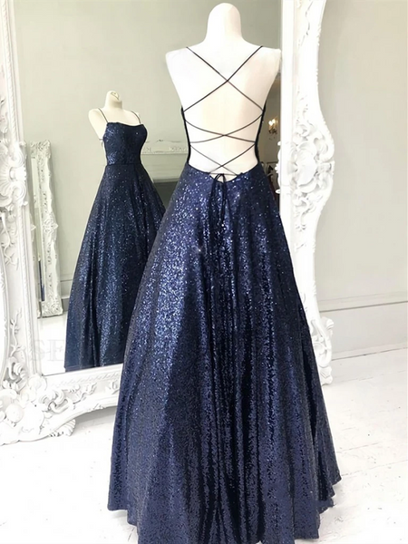 Shiny  Navy Blue Backless Long Prom Dresses, Shiny Open Back Navy Blue Long Formal Evening Dresses