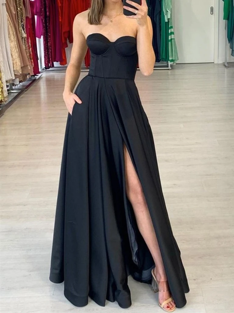 Sweetheart Neck Strapless Black Satin Long Prom Dresses, Black Satin Long Formal Evening Dresses