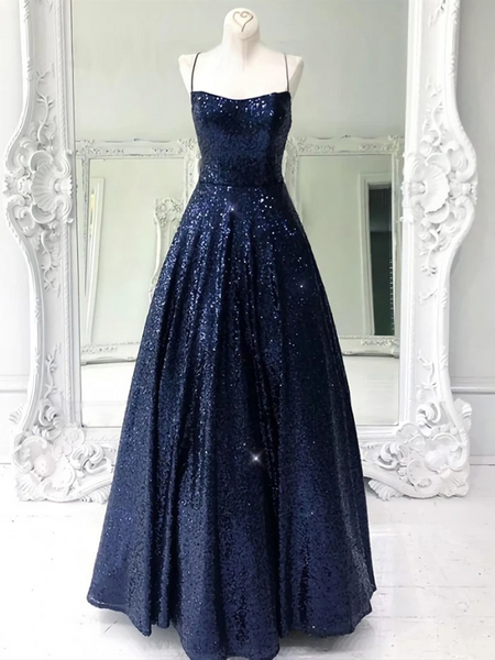 Shiny  Navy Blue Backless Long Prom Dresses, Shiny Open Back Navy Blue Long Formal Evening Dresses