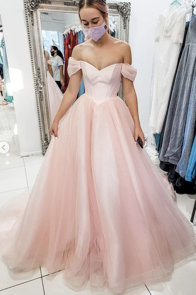 A Line Off Shoulder Pink Tulle Long Prom Dresses, Off The Shoulder Pink Long Tulle Formal Evening Dresses