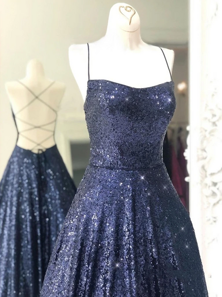 Shiny  Navy Blue Backless Long Prom Dresses, Shiny Open Back Navy Blue Long Formal Evening Dresses