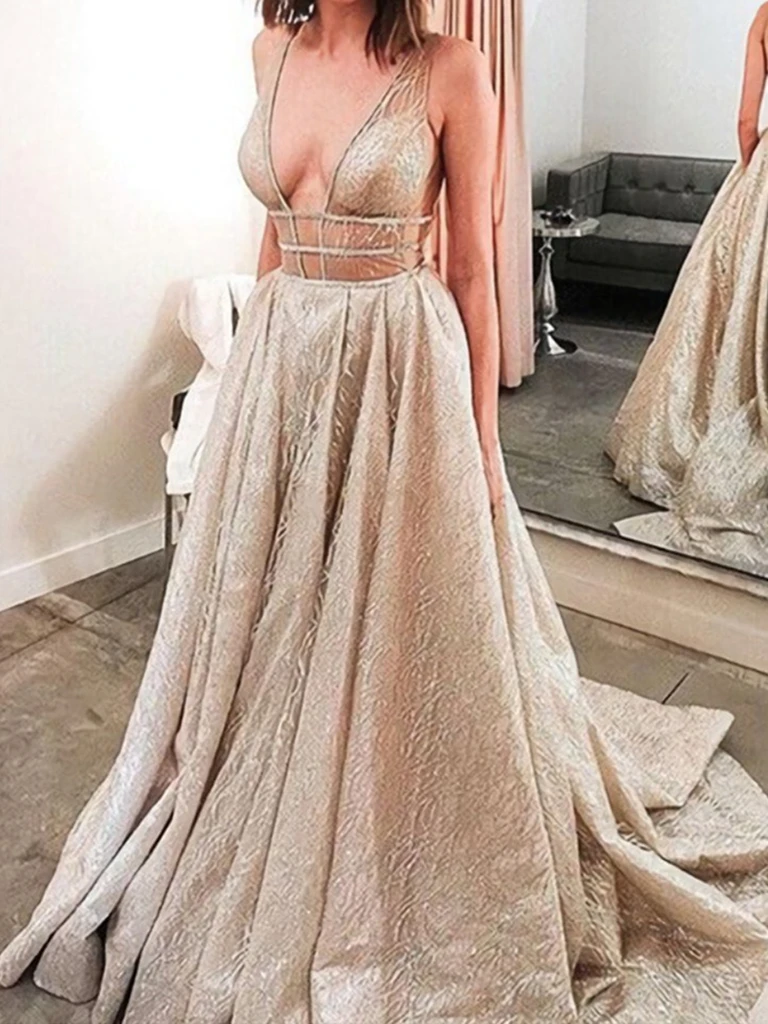 A Line V Neck Champagne Prom Dresses, Champagne Long Formal Evening Dresses