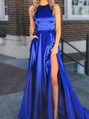 Halter Open back A Line Royal Blue Satin Long Prom Dresses With High Side Slit, Royal Blue Open back Formal Evening Dresses With Pokets