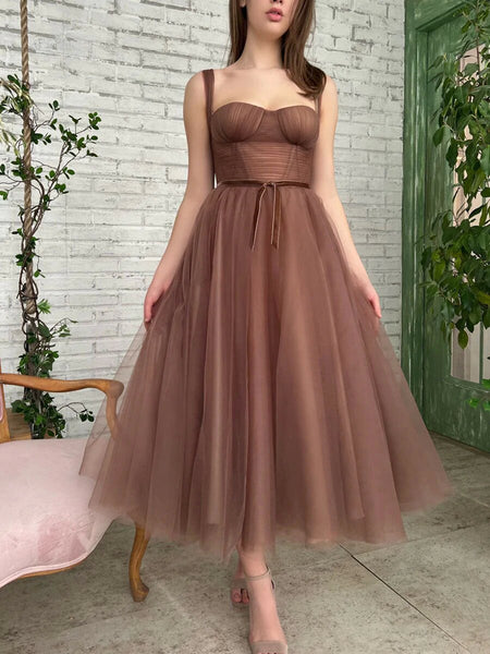 Simple A Line Tea Length Brown Prom Dresses, Brown Homecoming Dresses