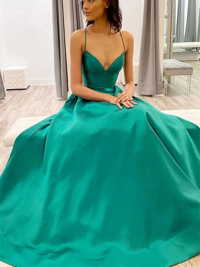 Simple V Neck Green Satin Long Prom Dresses, Simple V Neck Green Satin Long Formal evening Dresses