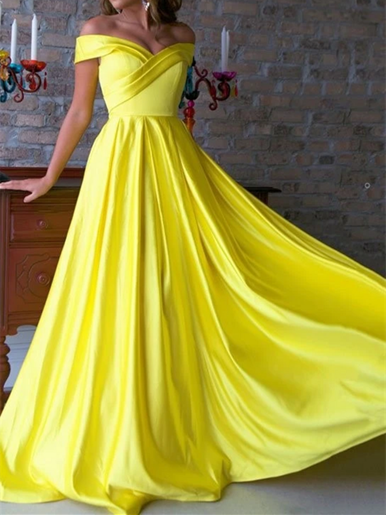 Pleated Spring Yellow Satin Off Shoulder Long Prom Dresses, Off The Shoulder Pleated Spring Yellow Satin Long Formal Evening Graduation Dresses