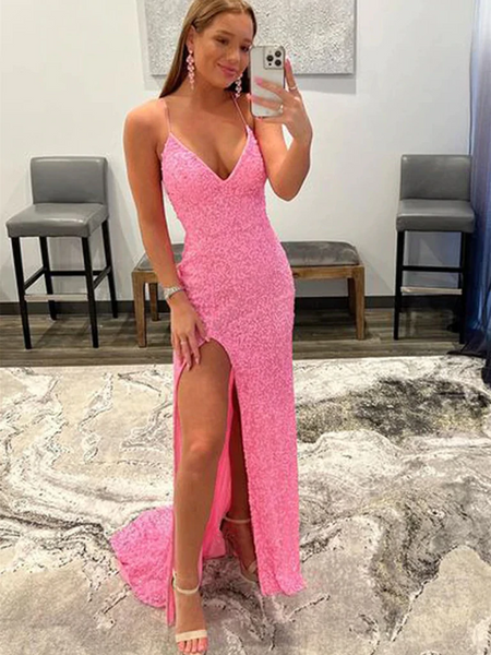 Shiny Pink Sequins V Neck Mermaid Long Prom Dresses with High Slit, Mermaid Pink Formal Graduation Evening Dresses