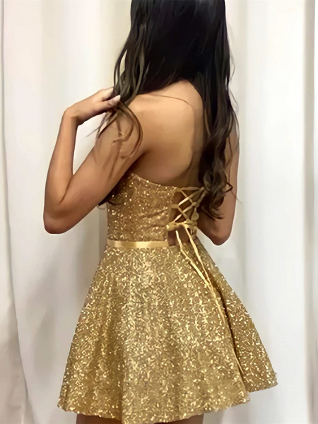 Strapless Open Back Golden Short Prom Homecoming Dresses, Short Golden Formal Graduation Evening Dresses