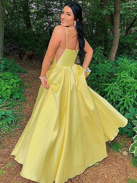 Simple Open Back Yellow Satin Long Prom Dresses with Pocket, Thin Straps Yellow Formal Graduation Evening Dresses